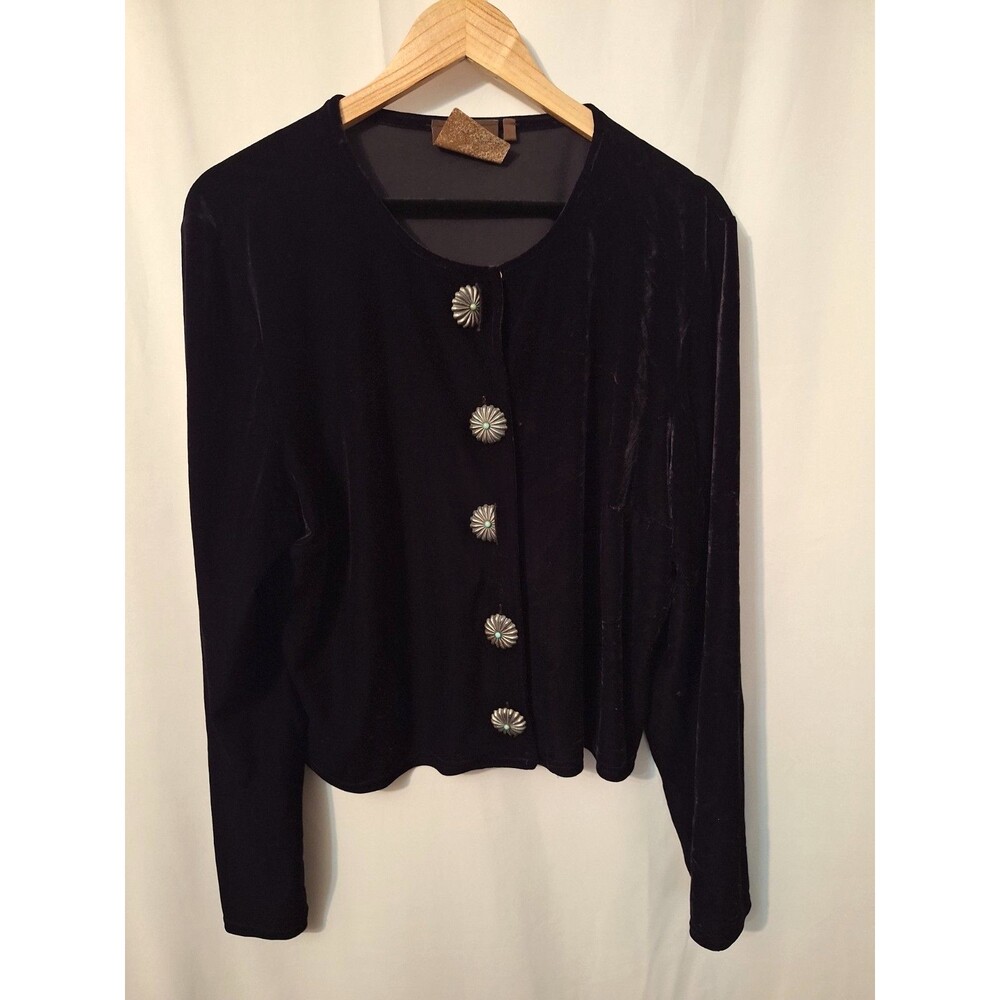 Double D Ranch Women's Black Velvet Cardigan Jacket Sz L Flower Button Front VTG